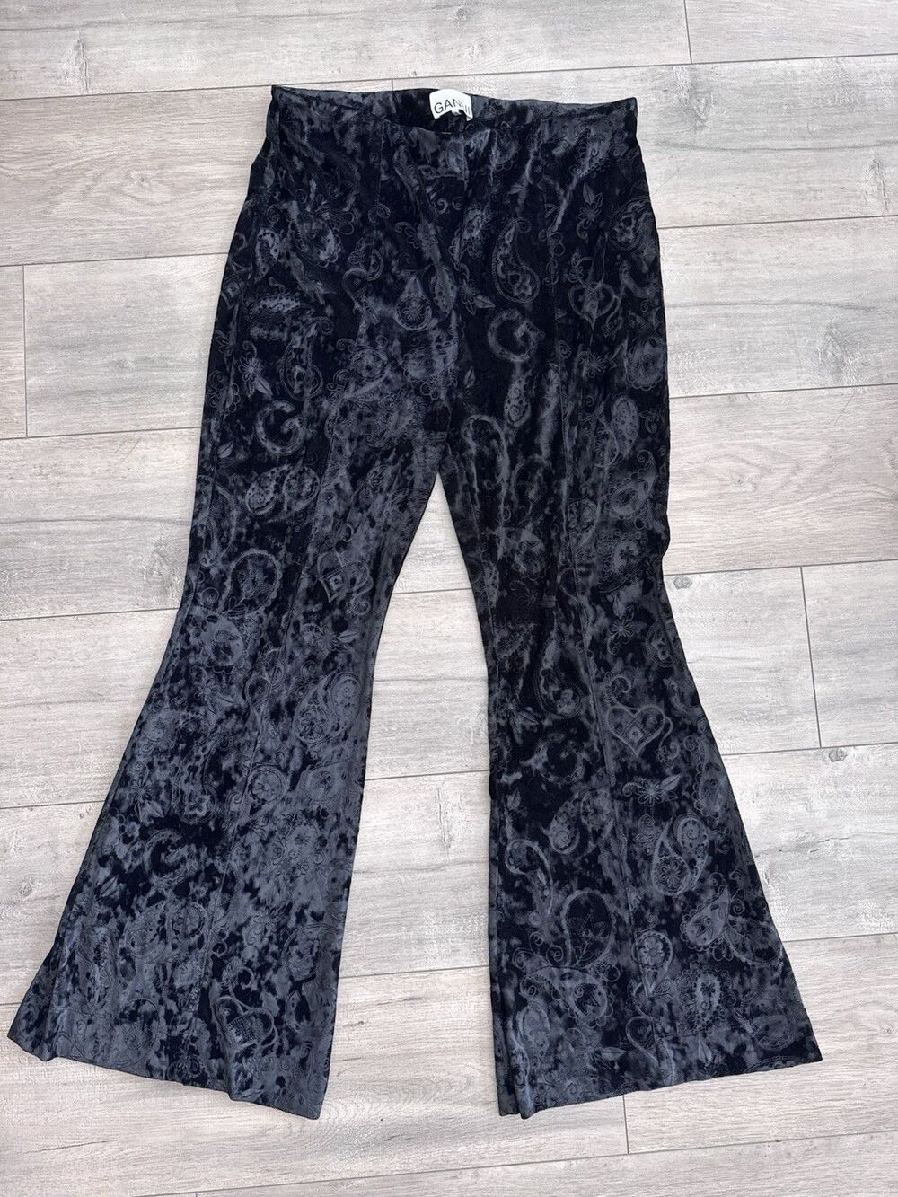 Ganni L Paisley Debossed Velvet Flared Trousers Black Y2K Whimsigoth Bell Bottom